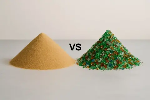 Arena vs. vidrio triturado de colores. ¿Cuál es el mejor vidrio filtrante para piscinas? La imagen compara dos montones de material filtrante.