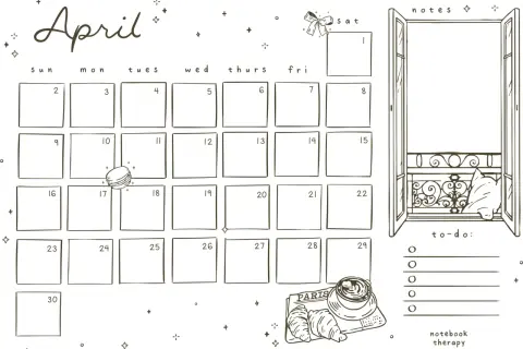 Calendario del mes de abril con un diseño de estilo boceto, que incluye un espacio para notas y una lista de tareas.