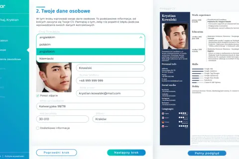 Formularz tworzenia CV po angielsku z polskim interfejsem i podglądem CV po prawej.