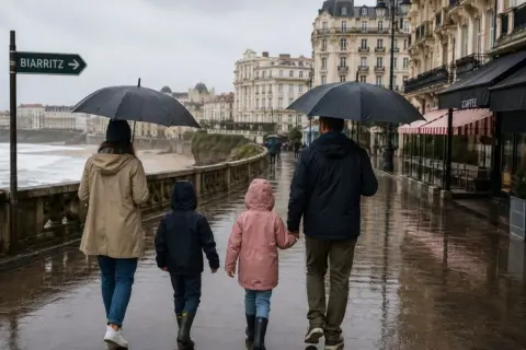 Une famille se promène sous la pluie à Biarritz, profitant de belles photos malgré le temps gris.