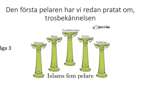 Illustration av islams fem pelare: trosbekännelsen, bönen, allmosan, fastan och vallfärden.
