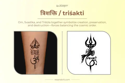 Tatuaje de trishula, damaru y Om, símbolos de energía positiva y equilibrio cósmico.