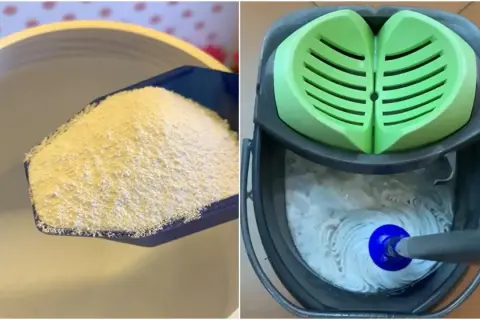 Se prepara amoniaco para fregar el suelo. Un cubo con mopa y agua jabonosa espera.