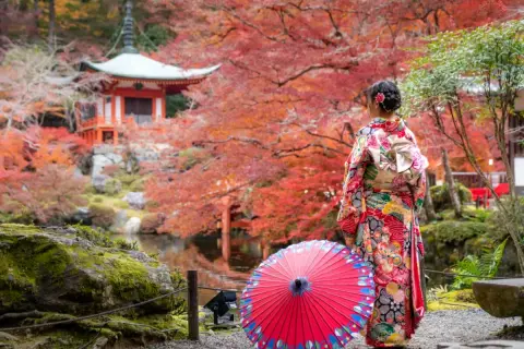 Kobieta w kimonie podziwia jesienne barwy Japonii. To idealny czas, kiedy najlepiej zwiedzać Japonię, by zobaczyć takie widoki.
