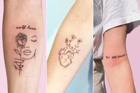 Tatuajes de fortaleza y amor propio: una rosa y rostro, un corazón con flores, y la frase "You ARE ENOUGH".