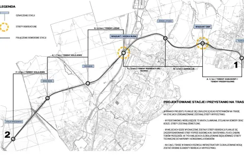 Mapa projektowanych ścieżek rowerowych w Rybniku z zaznaczonymi stacjami, terenami rekreacyjnymi i połączeniami.