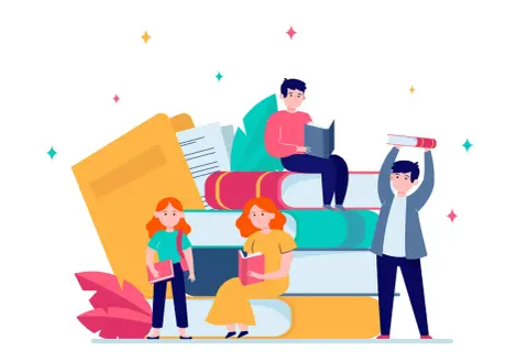 Jóvenes aprendiendo con libros apilados, fomentando la comprensión lectora online.