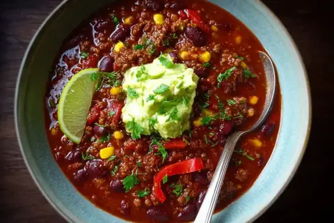 En skål med mustig chili con carne, toppad med guacamole, lime och färsk persilja. Perfekt för en kall kväll!