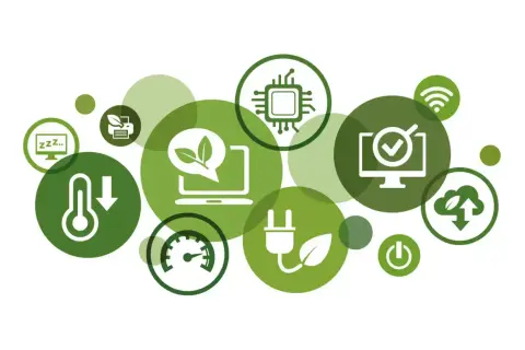 Symbole für digitale Nachhaltigkeit: Energiesparen, Effizienz, grüne Technologie, Cloud, Prozessor, Thermometer, Drucker, WLAN, Power-Button.