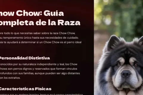 Un majestuoso perro Chow Chow, con su denso pelaje gris y negro, mira fijamente. La imagen es parte de una guía sobre la raza.