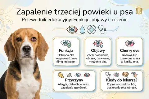 Beagle z zaczerwienionym, spuchniętym okiem, objawem zapalenia trzeciej powieki. Informacje o przyczynach i leczeniu.