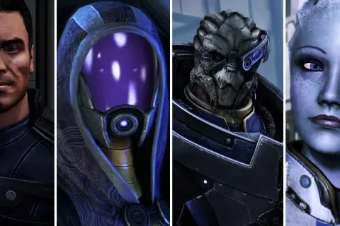 Vier Charaktere aus Mass Effect 1: Shepard, Tali, Wrex und Liara. Wer wird Shepards Herz erobern? Die Mass Effect 1 Romanzen warten!
