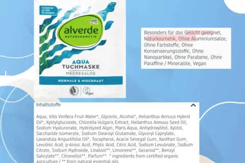 Alverde Aqua Tuchmaske mit Meeresalge. Enthält Sodium Levulinate für normale & Mischhaut. Naturkosmetik, vegan.