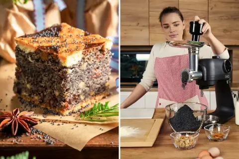 Pyszne ciasto z makiem, przygotowane przez kobietę mielącą mak w kuchni.