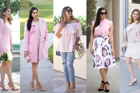Five women in various pink outfits, showcasing different styles and accessories.