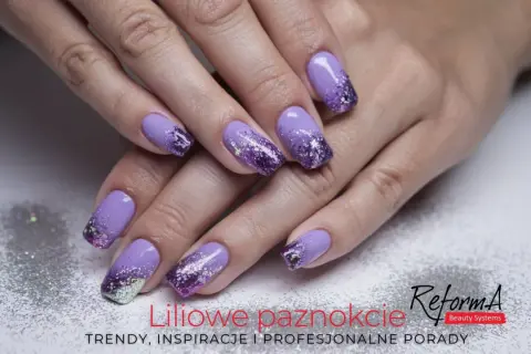 Fioletowy french z brokatowym ombre. Lśniące paznokcie, które przyciągają wzrok.