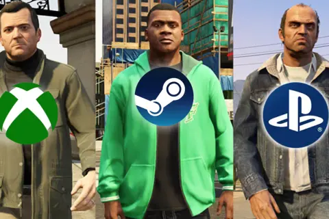 Michael, Franklin und Trevor von GTA 5 mit Logos von Xbox, Steam und PlayStation. Ein Wunschtraum für GTA 5 Crossplay.