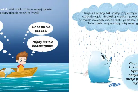 Chłopiec w łódce czuje smutek, jego myśli są jak deszcz. Postać Smutku rysuje niebieskie kreski, które wypełniają głowę.