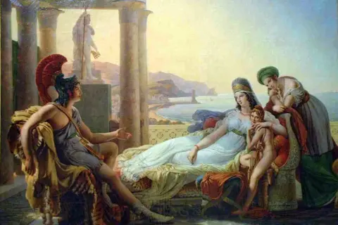 Didon, reine de Carthage, languit dans les bras de son amour, Énée, sous le regard de ses servantes. Le port de Carthage est visible en arrière-plan.