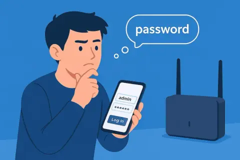 Zamyślony mężczyzna próbuje wykonać logowanie do routera przez telefon, wpisując hasło.