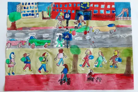 Kinder auf dem Weg zur Schule. Ein bunter Schulweg, der als bewertungsbogen kunst grundschule dienen könnte.