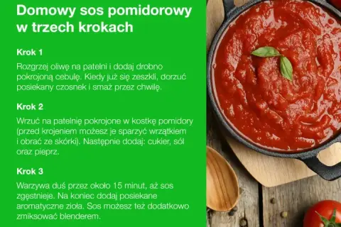 Domowy sos pomidorowy do spaghetti: cebula, czosnek, pomidory, cukier, sól, pieprz i zioła. Proste składniki, pyszny efekt.