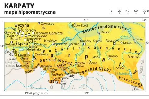 Mapa hipsometryczna Karpat z zaznaczonym parkiem krajobrazowym Beskidu Śląskiego, Tatrami i Bieszczadami.