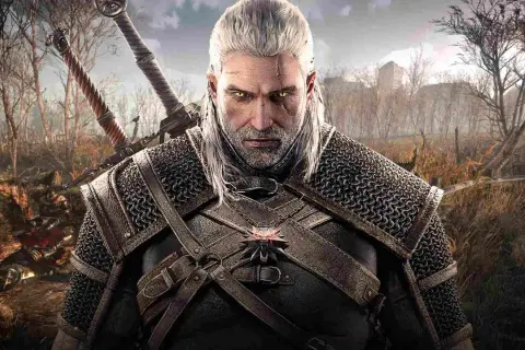 Geralt w zbroi szkoły kota z Wiedźmina 3, gotów do walki.