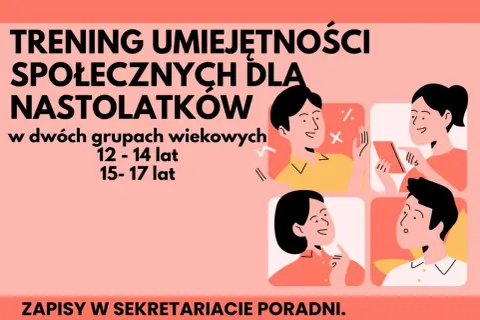 Trening umiejętności społecznych dla nastolatków. Ilustracje pokazują młodych ludzi w interakcji, uczących się komunikacji i współpracy.