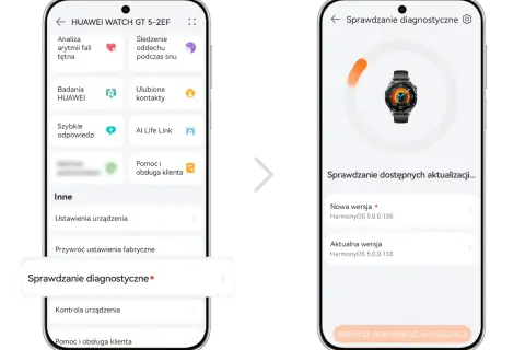 Aplikacja Huawei Zdrowie pokazuje najnowszą wersję HarmonyOS 5.0.0.135 dla zegarka.