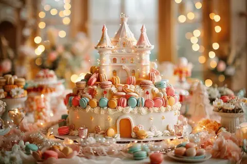 Un gâteau féerique orné d'un château et de macarons colorés, une véritable invitation à la gourmandise.