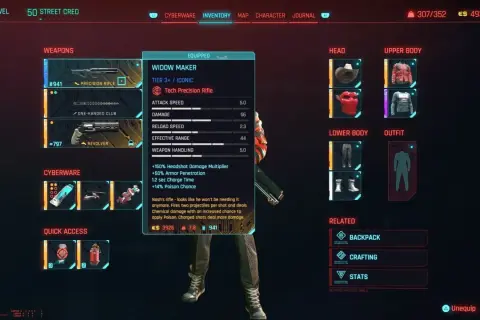 Interfejs gry Cyberpunk 2077: ekwipunek z bronią "Widow Maker", statystykami i opisem, zasady gry cyberpunk.