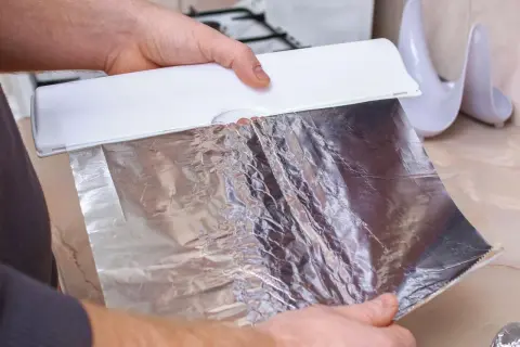 Dłoń trzyma folię aluminiową, która strona folii odbija ciepło? Błyszcząca strona odbija ciepło, matowa je pochłania.