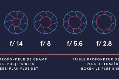 Diagramme montrant l'ouverture du diaphragme de f/22 à f/1.4, illustrant comment les photos nettes varient avec la profondeur de champ.