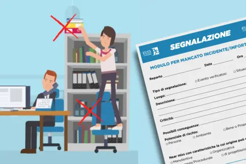 Uomo al telefono, donna su sgabello rischia caduta. Modulo segnalazione near miss sicurezza sul lavoro.
