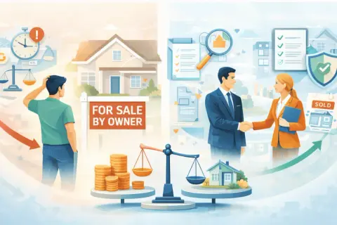 Illustrazione che mostra come funziona un'agenzia immobiliare online: da un lato, un uomo perplesso davanti a una casa "in vendita per proprietario"; dall'altro, agenti che stringono la mano con successo.