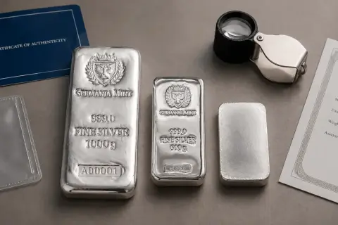 Trzy sztabki srebra inwestycyjnego Germania Mint o wadze 1000g, 500g i mniejsza, obok certyfikaty i lupa.
