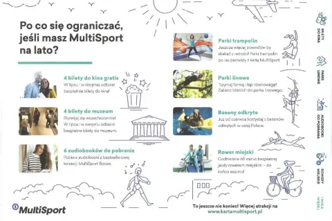 Karta MultiSport oferuje kino, muzea, parki trampolin i linowe, baseny, rowery miejskie i audiobooki. Dowiedz się, jak działa karta MultiSport, by cieszyć się latem bez ograniczeń!