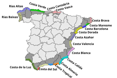 Mapa Hiszpanii z zaznaczonymi wybrzeżami. Gdzie na wakacje? Od Rias Baixas po Costa Brava, każdy znajdzie coś dla siebie.