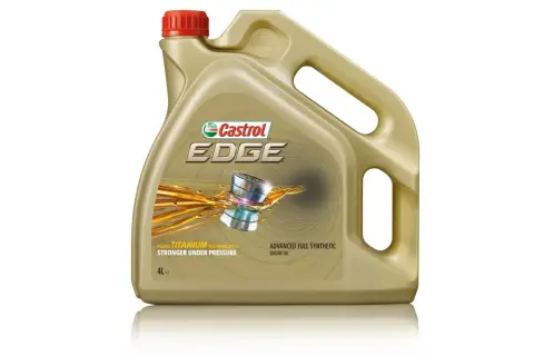 Złoty kanister oleju silnikowego Castrol EDGE z czerwonym korkiem i grafiką.