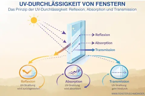 Grafik erklärt, wie UV-Strahlung durch Glas reflektiert, absorbiert oder transmittiert wird. Sonne sendet Strahlen, die am Fenster teils zurückgeworfen, teils vom Glas geschluckt und teils durchgelassen werden.