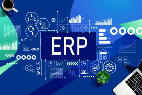 Grafik mit dem Wort "ERP" im Zentrum, umgeben von Diagrammen, Symbolen und einem Laptop. Dies repräsentiert enterprise resource management.
