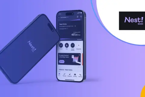 Nest! BANK to nowoczesny bank, którego aplikację mobilną widać na ekranie telefonu. Zarządzaj finansami z dowolnego miejsca!