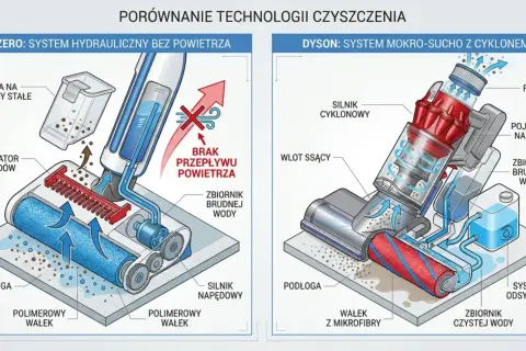 Ilustracja porównująca działanie odkurzacza Hizero (system hydrauliczny) i Dyson (system mokro-suchy z cyklonem).