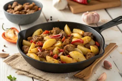 Herzhafte Schupfnudeln mit Hackfleisch und Paprika in einer Gusseisenpfanne, garniert mit frischer Petersilie.