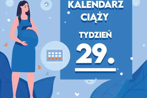 Kobieta w niebieskiej sukience, w 29 tygodniu ciąży, z uśmiechem na twarzy. Obok kalendarz i napisy "Kaledarz ciąży tydzień 29".