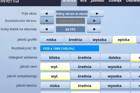 Ustawienia grafiki Fortnite: jakość epicka, rozdzielczość 1920x1080, 60 FPS. Optymalne najlepsze ustawienia Fortnite dla płynnej gry.