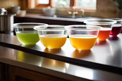 Quatre bols transparents contiennent des liquides colorés : vert, jaune, orange et rouge. Ils sont prêts à être transformés en gelée avec de la pectine ou de l'agar agar.