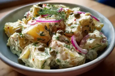 Krämig potatissallad med dill, kapris och rödlök, perfekt som potatissallad till grillat.