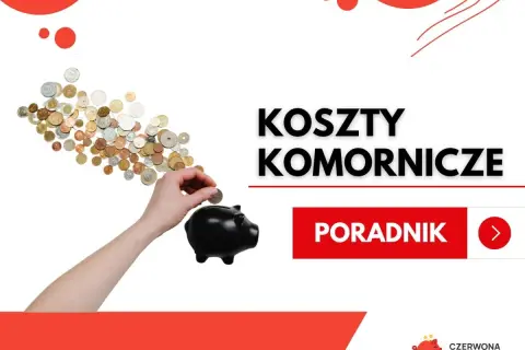 Ręka wrzuca monetę do świnki-skarbonki. Tytuł "Koszty komornicze" sugeruje, że to poradnik o opłatach związanych z egzekucją.